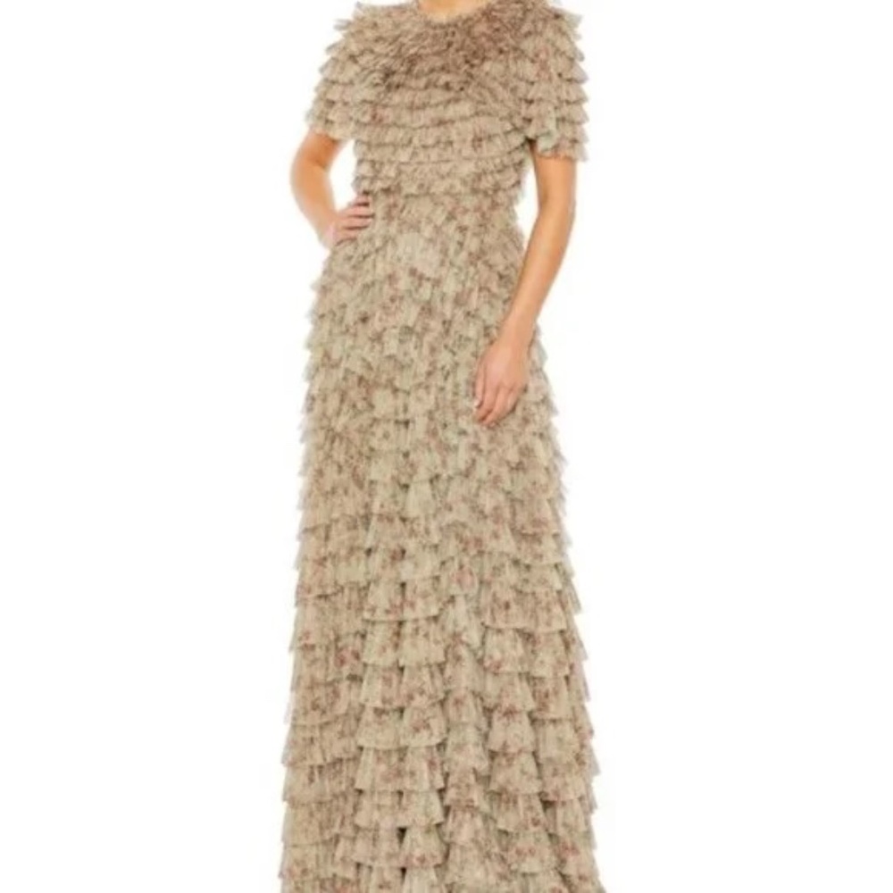 NWT | Mac Duggal 8017 Ecru Multi Floral Tiered A Line Maxi Gown Short Sleeve 8 - Picture 2 of 3